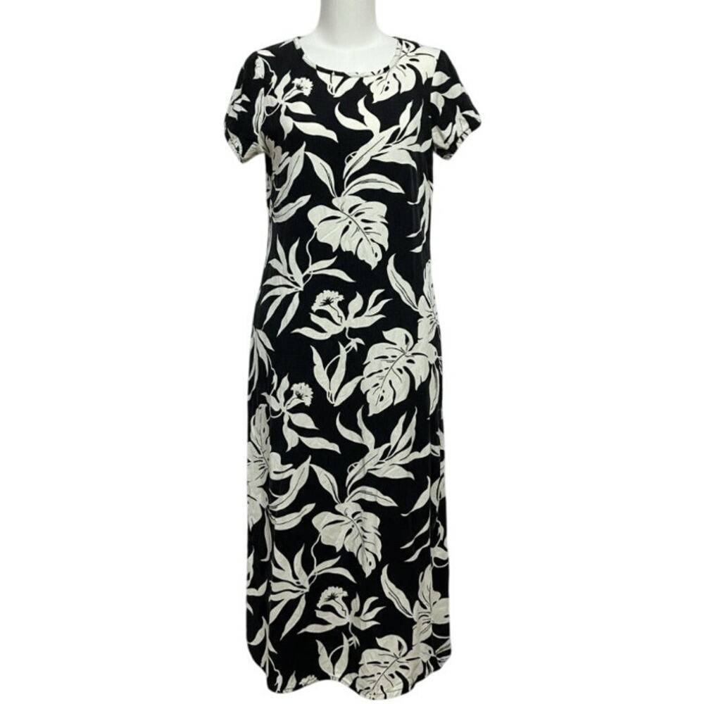 Lauren Michele Midi Dress Womens Size M Black Cream Floral Leaf Print Vintage